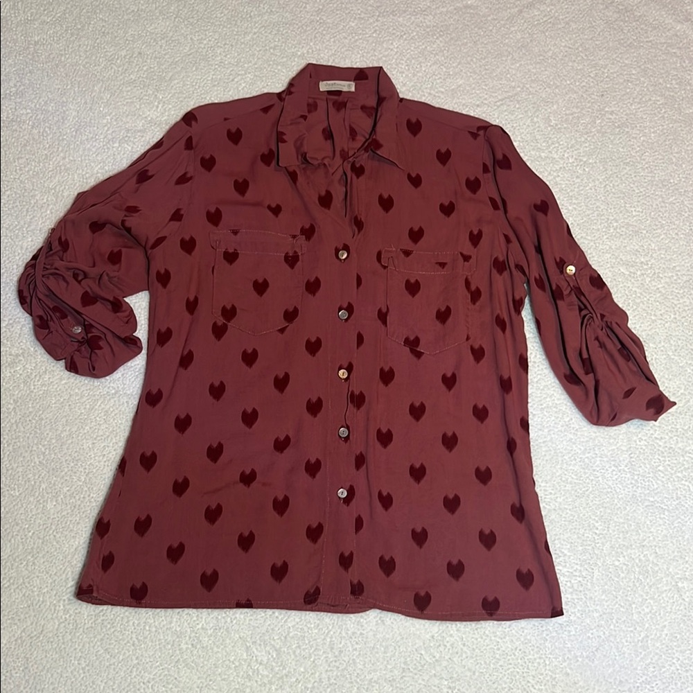 Just Living Mauve Pink w/burgundy hearts ,3/4 Sleeve Button Down Shirt
